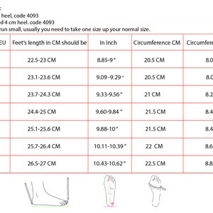May include: Size chart for sandals and boots, showing European shoe size, foot length in centimeters, inch measurements, and circumference in centimeters and inches. The chart indicates that these boots run small and recommends sizing up.