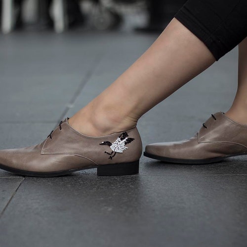 Embroidered Women Shoes Gray Flat Oxford Shoes Lace up Etsy