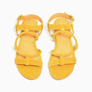 Yellow Boho Sandals, Flat Leather Sandals, Greek Sandals, Ankle Strap Suede  Sandals, Wide Comfortable Summer Sandals