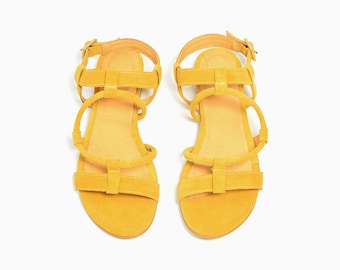 Yellow Boho Sandals, Flat Leather Sandals, Greek Sandals, Ankle Strap Suede  Sandals, Wide Comfortable Summer Sandals