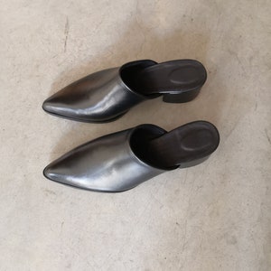 May include: A pair of black leather mules with pointed toes and small block heels. The shoes have a sleek, minimalist design, and are set against a neutral background.