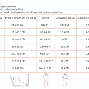 May include: Size chart for women's boots and sandals. The chart shows shoe size in EU sizes, foot length in centimeters, inch measurements, and circumference in centimeters and inches.