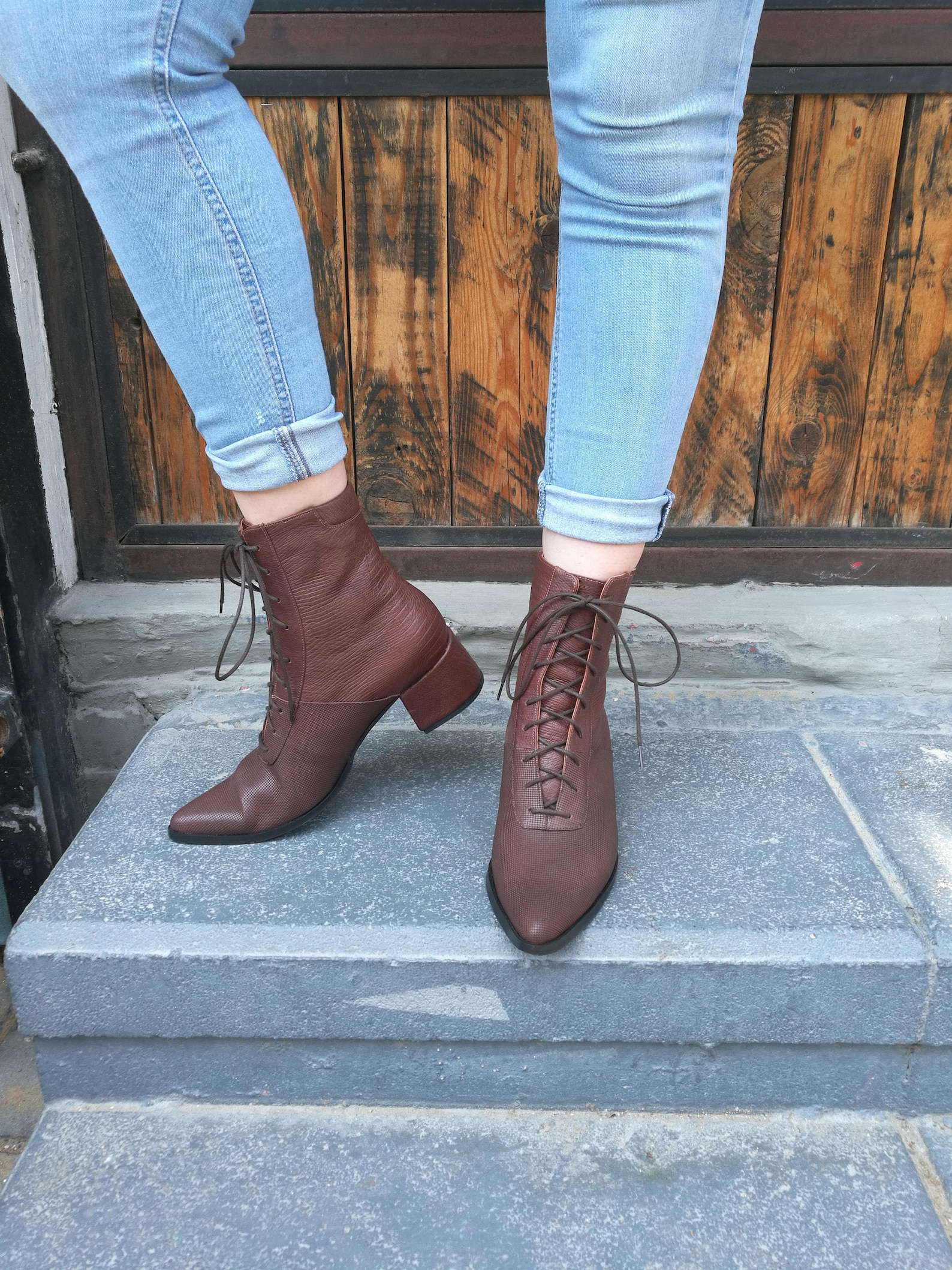heeled brown booties