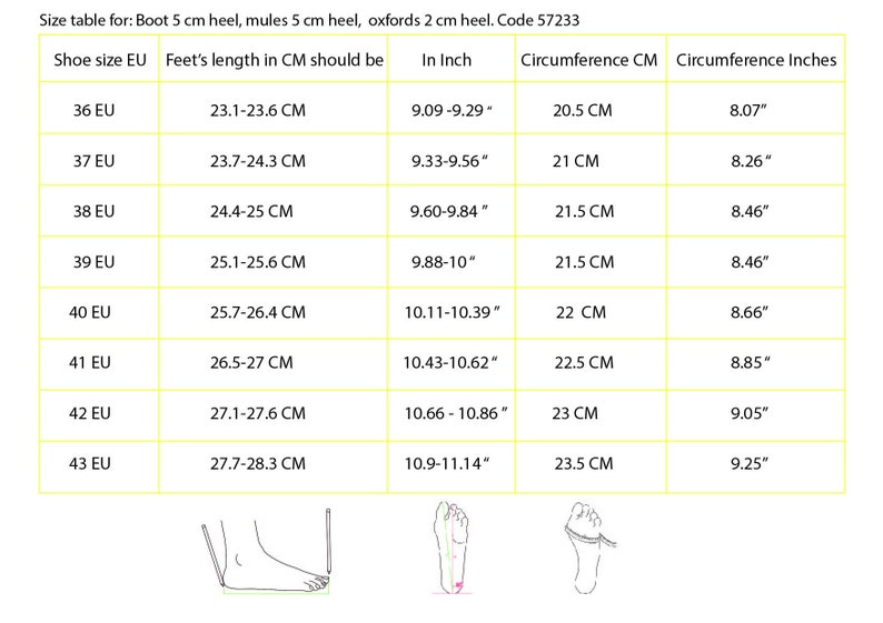 May include: A size chart for shoes with measurements in inches and centimeters. The chart shows the shoe size in European sizes (EU), the corresponding foot length in centimeters, the foot length in inches, the circumference of the foot in centimeters, and the circumference of the foot in inches.