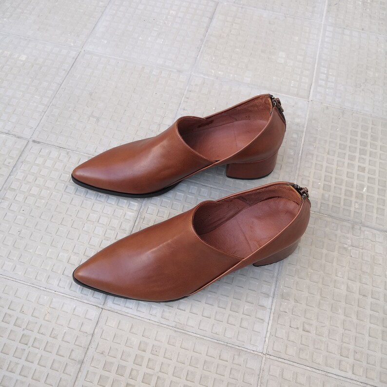 May include: A pair of brown leather heeled shoes with a pointed toe and a cut-out design on the side. The shoes have a zipper on the back.