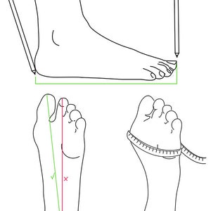 Op de afbeelding: Een diagram dat laat zien hoe je je voet kunt meten voor schoenen. De eerste afbeelding toont een voet met een potlood dat de langste teen markeert. De tweede afbeelding toont een voet met een liniaal die de lengte van de voet meet. De derde afbeelding toont een voet met een liniaal die de breedte van de voet meet.