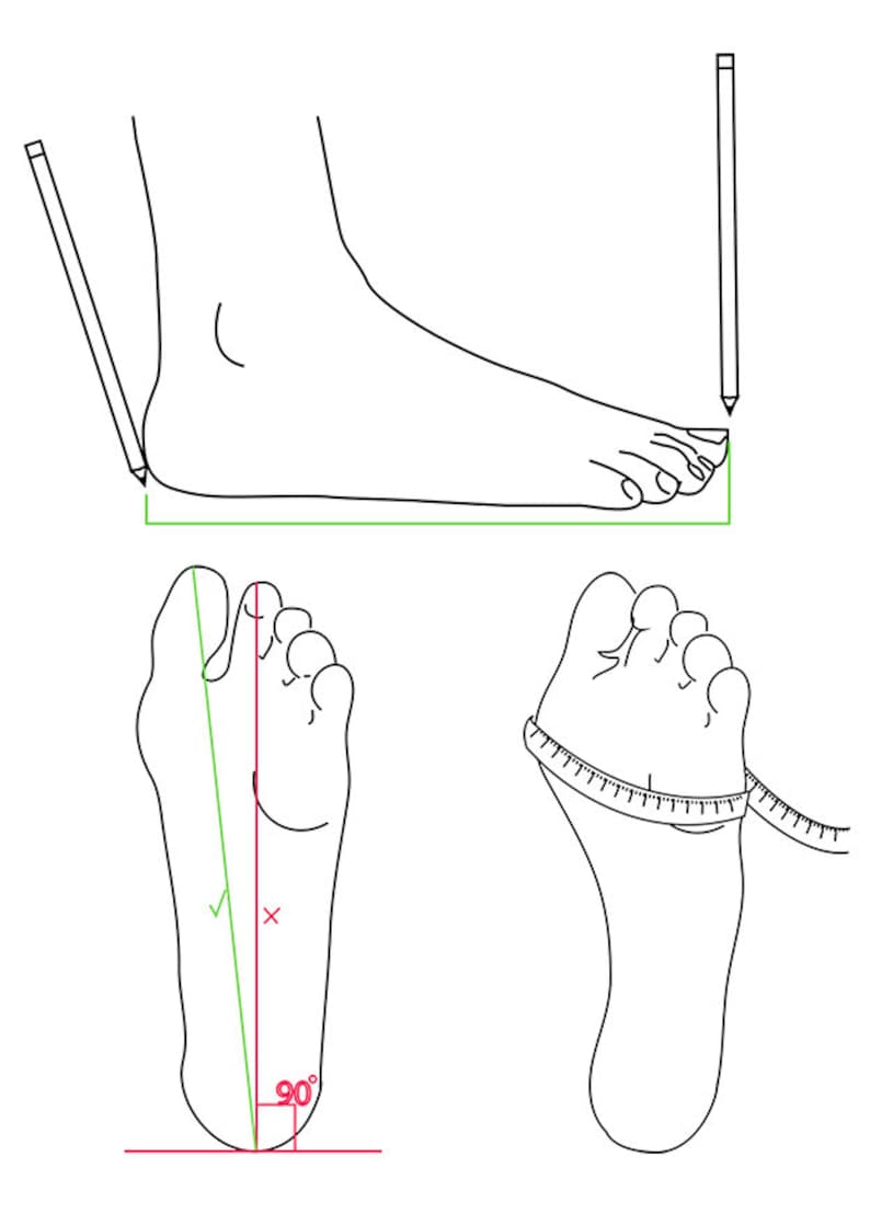 Op de afbeelding: Een diagram dat laat zien hoe je je voet kunt meten voor schoenen. De eerste afbeelding toont een voet met een potlood dat de langste teen markeert. De tweede afbeelding toont een voet met een liniaal die de lengte van de voet meet. De derde afbeelding toont een voet met een liniaal die de breedte van de voet meet.