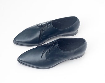 Dark Blue Leather Oxford Shoes, Women's Oxfords, Pointed Oxford Shoes, Formal Shoes, Custom Made Shoes, Office Shoes