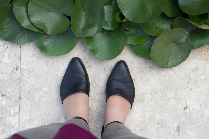 May include: A pair of black leather pointed-toe flats with ankle straps.