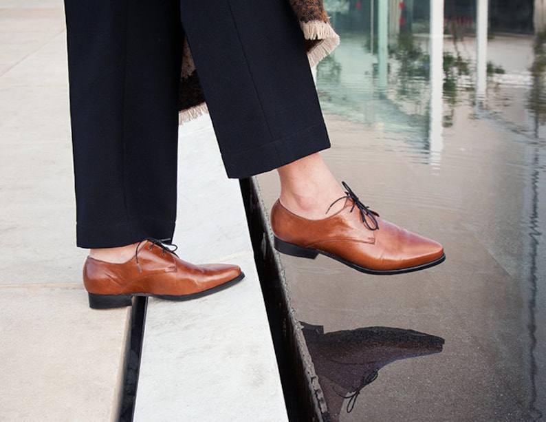 Brown Leather Oxfords, Brown Oxford Shoes, Leather Flat Shoes, Women Shoes, Lace up Shoes, Formal Shoes, Flat Oxfords, Pointy Flats image 2