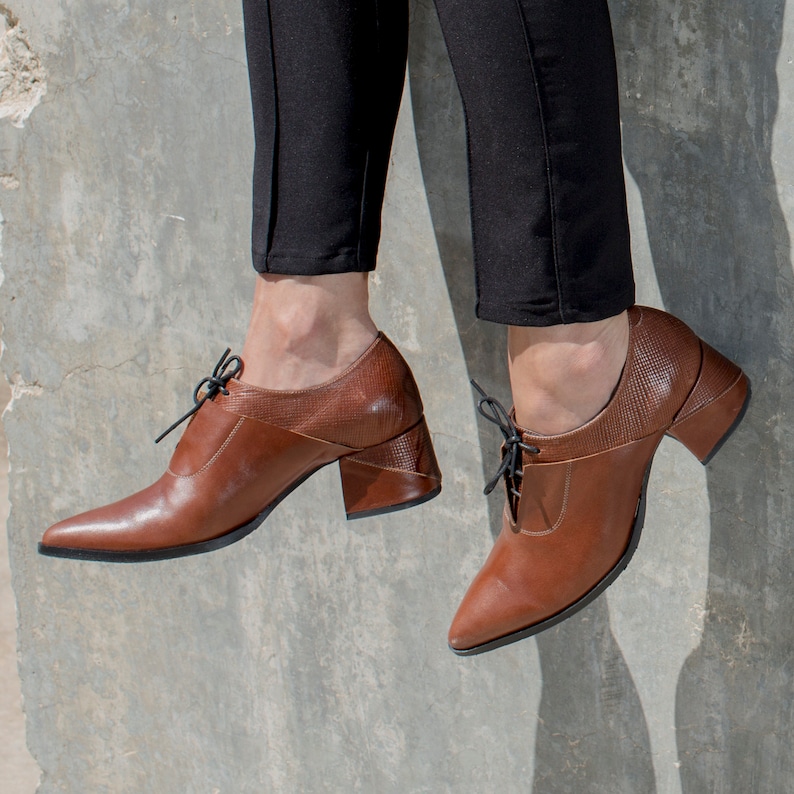 Brown Block Heel Oxfords Womens Pointed Toe Pumps Formal Etsy