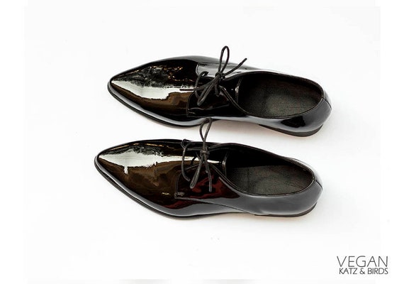 Black Vegan Oxfords Classic Flat Shoes Shiny Black Shoes Hipster Shoes Cool Shoes for Women Pointed Lace Shoes Etsy Canada