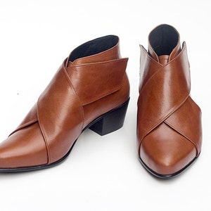 Brown Leather Ankle Boots, Pointy X Booties For Women, Elegant Low Heel Booties, Designers Handmade Shoes