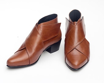 Brown Leather Ankle Boots, Pointy X Booties For Women, Elegant Low Heel Booties, Designers Handmade Shoes