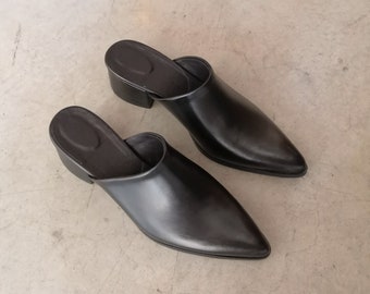 Womens Leather Mules, Black Leather Mules, Leather Sandals, Slip Ons Women, Leather Slides,  Leather Heels, Black Shoes, Pointed Toe Heels