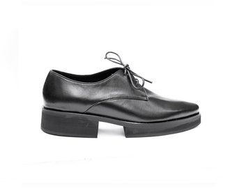 Black Leather Platform Heels Oxfords, Stylish Pointy Shoes For Women, Lace Up Oxfords, Fashionable Office Shoes