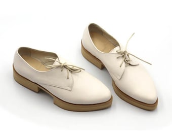 White Women's Leather Shoes, Heel Shoes, Comfortable Tie Shoes