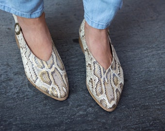 Snakeskin Pointed Leather Flats, Elegante Stijlvolle Dames Schoenen, V Cut Ballerina Flats, Slip On Lederen Schoenen, Trendy Echte Lederen Schoenen