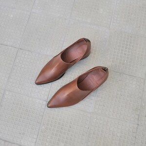 May include: A pair of brown leather ankle boots with pointed toes and a zipper on the back.