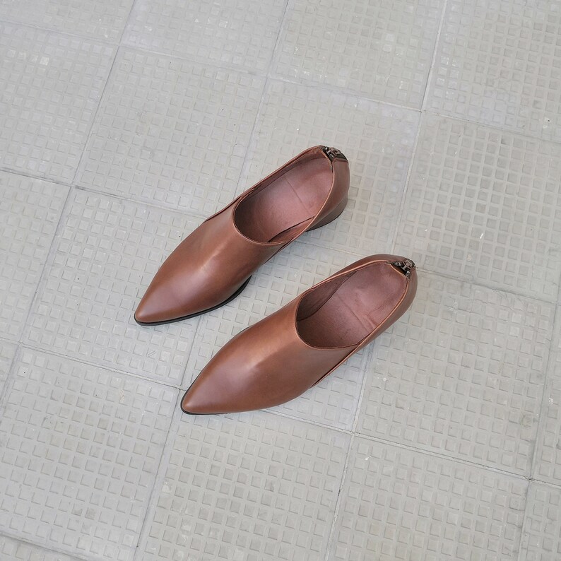 May include: A pair of brown leather ankle boots with pointed toes and a zipper on the back.