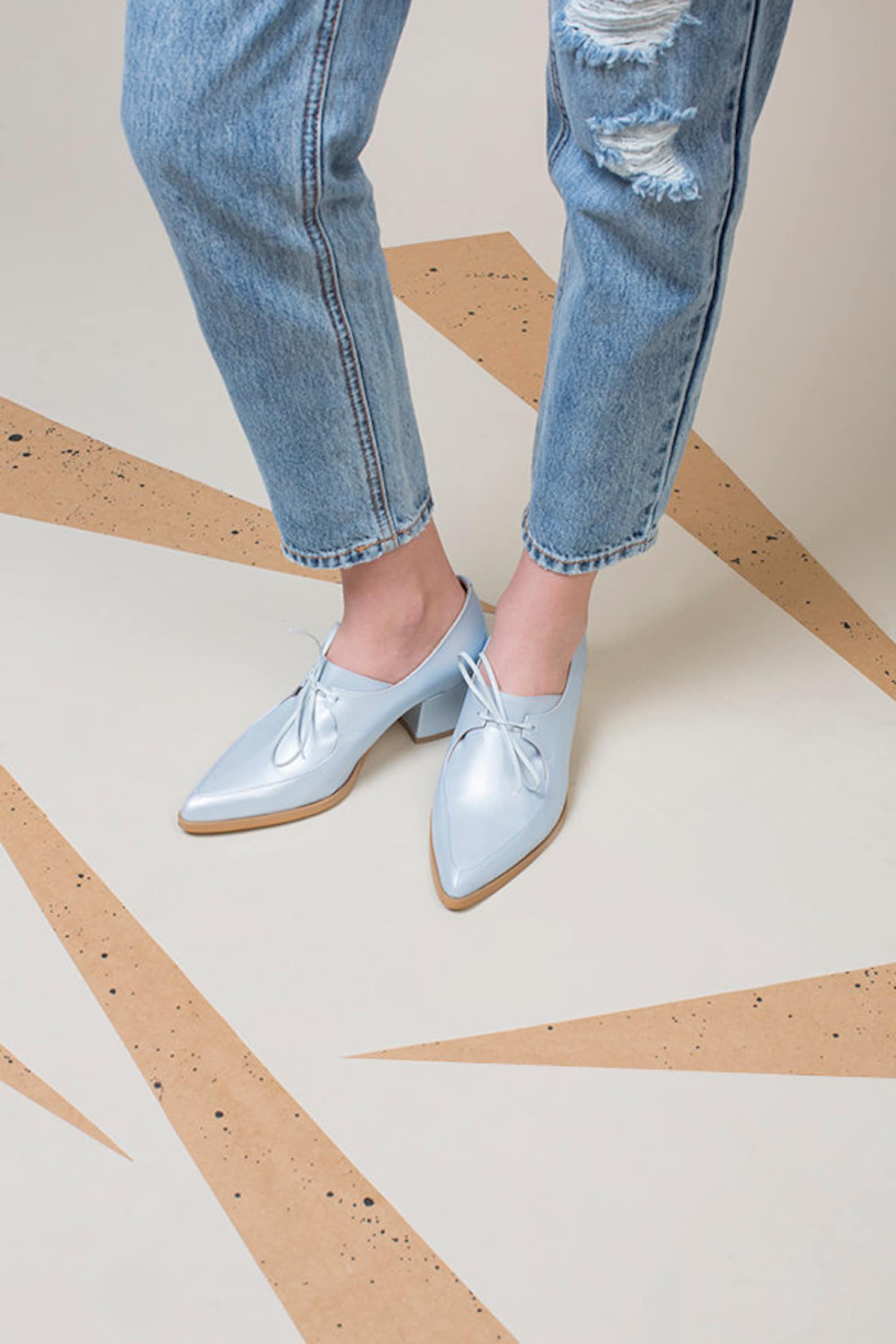 Sky Blue Leather Oxford Shoes Trendy Handmade Shoes Block Etsy