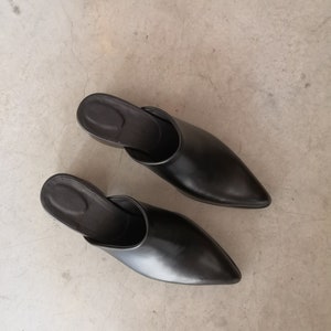 May include: A pair of black leather mules with pointed toes. The open-back slip-on shoes have a smooth, shiny finish and a low heel. The shoes are displayed on a neutral-colored surface.