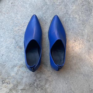 May include: A pair of blue leather pointed toe shoes with a zipper on the back.