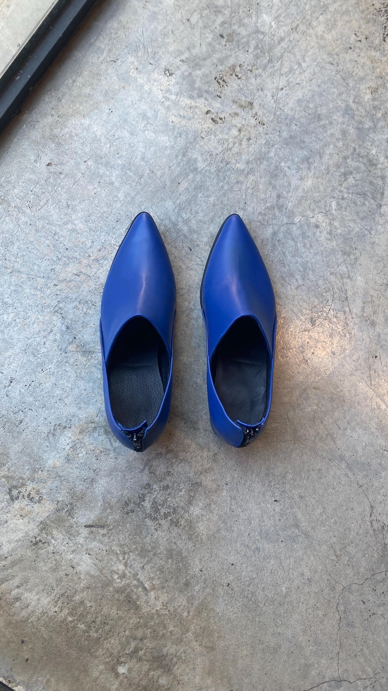 May include: A pair of blue leather pointed toe shoes with a zipper on the back.