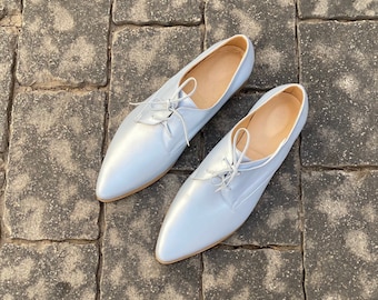 Women's Oxford Shoes, Light Blue Leather Shoes, Shiny Pointy Oxford Shoes, Women Formal Flat Shoes, Stylish Lace Up Hipster Shoes