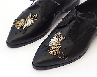 Black Embroidered Oxford Shoes, Classic Women Black Leather Oxfords with Hand Sewed Gold Fox