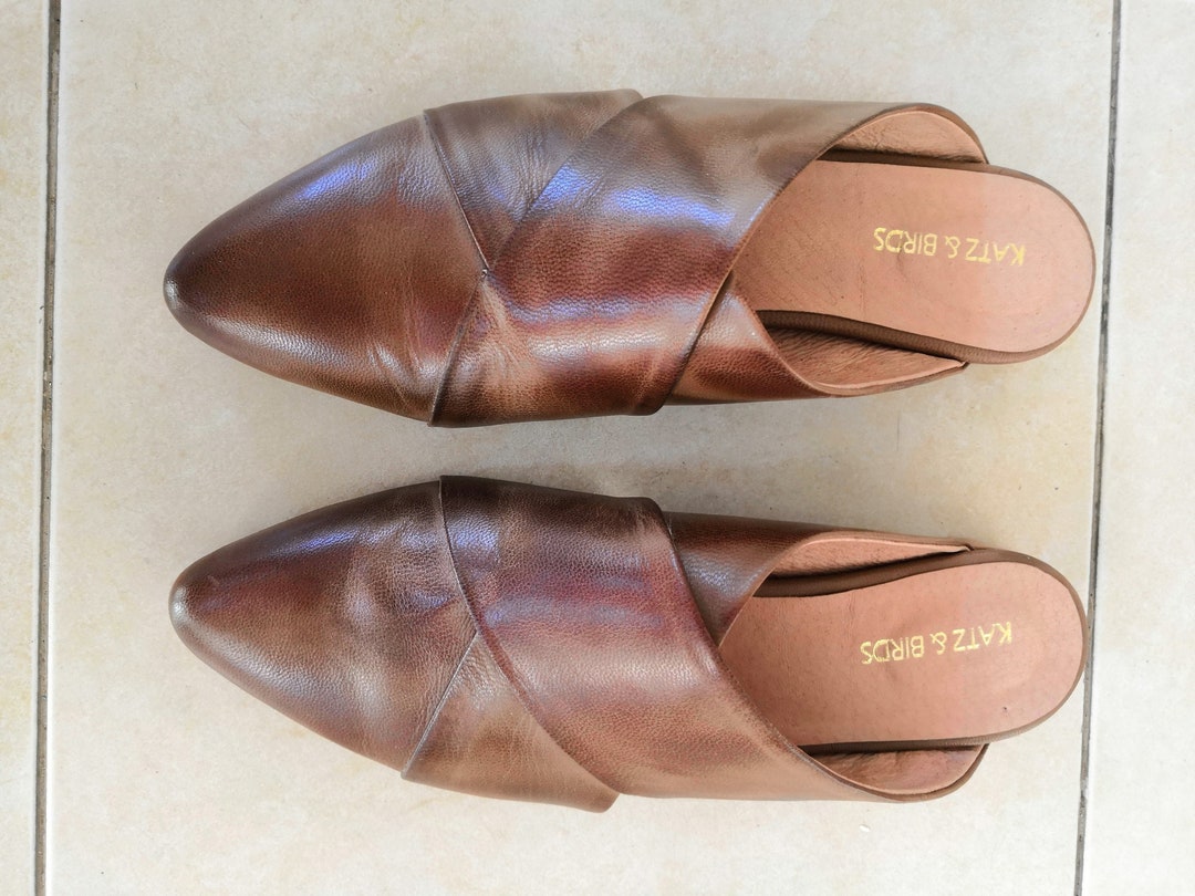 brown slip on mules