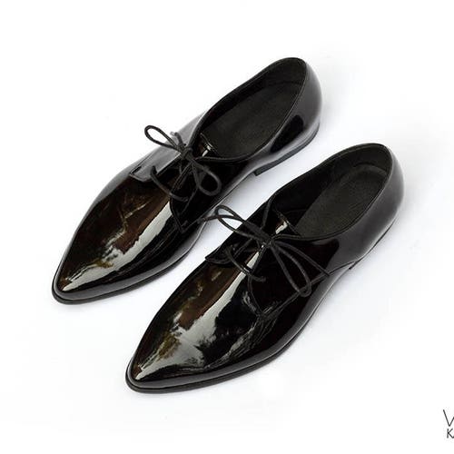 Shiny Black Oxfords Vegan Shoes for Women Stunning Pointed Etsy