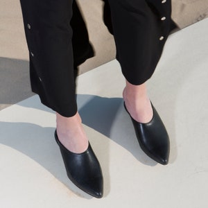 May include: A pair of black leather pointed-toe mules with a low heel. The shoes are worn by a person wearing black pants.
