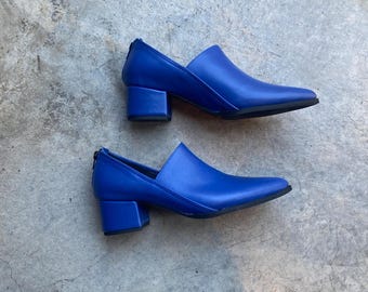 Women's Blue Leather Shoes, Handmade Pointed Toe Everyday Shoes, Low Heel Shoes, Wide Heel  Designer women's shoes, comfortable shoes