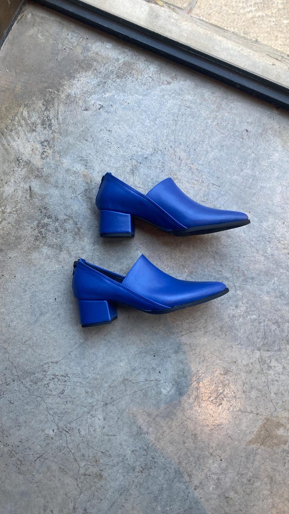 Women's Blue Leather Shoes, Handmade Pointed Toe Everyday Shoes, Low Heel Shoes, Wide Heel  Designer women's shoes, comfortable shoes