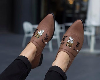 Women Brown Leather Shoes, Embroidered Shoes, Low Heel Shoes, Comfortable Flat shoes, Soft Leather Women Shoes, Slip Ons, Pointed Shoes