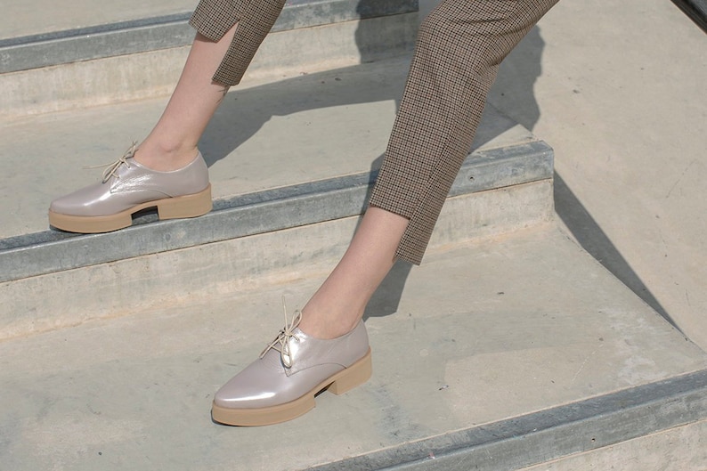 Metallic Powder Leather Oxford Shoes, Comfortable Platform Shoes for