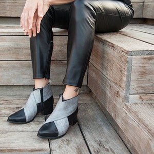 Black Leather Boots, Black Leather Shoes, Woman Gray Shoes, Black Leather booties, Womens Boots, Ankle Boots, Criss Cross Shoes, Women shoes image 1