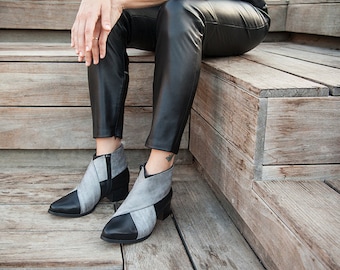 Black Leather Boots, Black Leather Shoes, Woman Gray Shoes, Black Leather booties, Womens Boots, Ankle Boots, Criss Cross Shoes, Women shoes