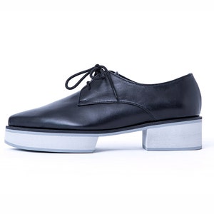 Black Gray Platform Oxfords, Leather Oxfords Shoes with Platform Heels For Women imagem 4