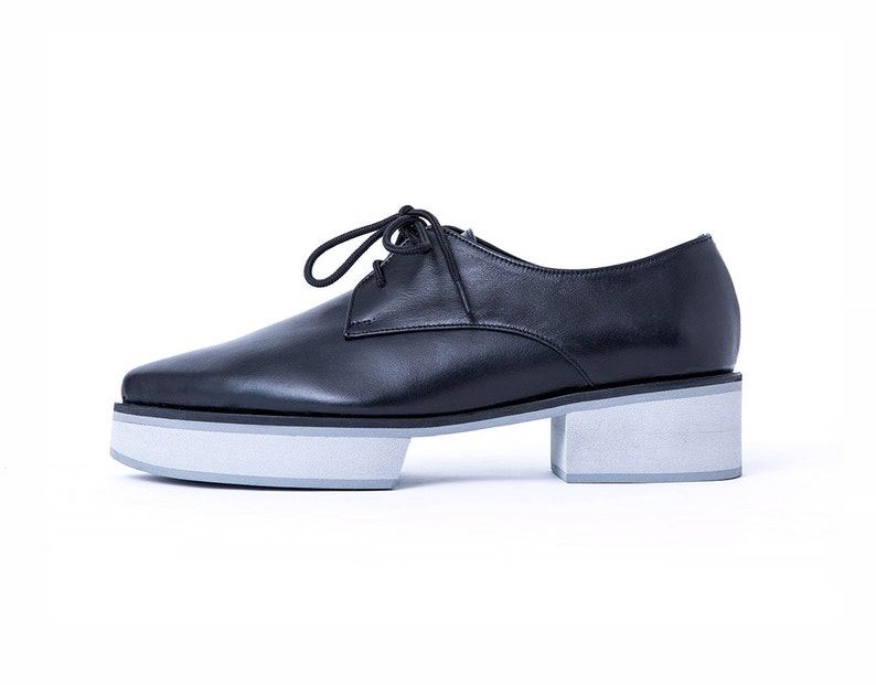 Black Gray Platform Oxfords, Leather Oxfords Shoes with Platform Heels For Women imagem 4