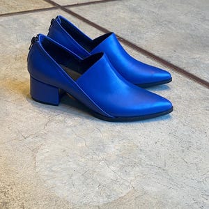 May include: A pair of blue heeled shoes with a pointed toe and a zipper on the back.