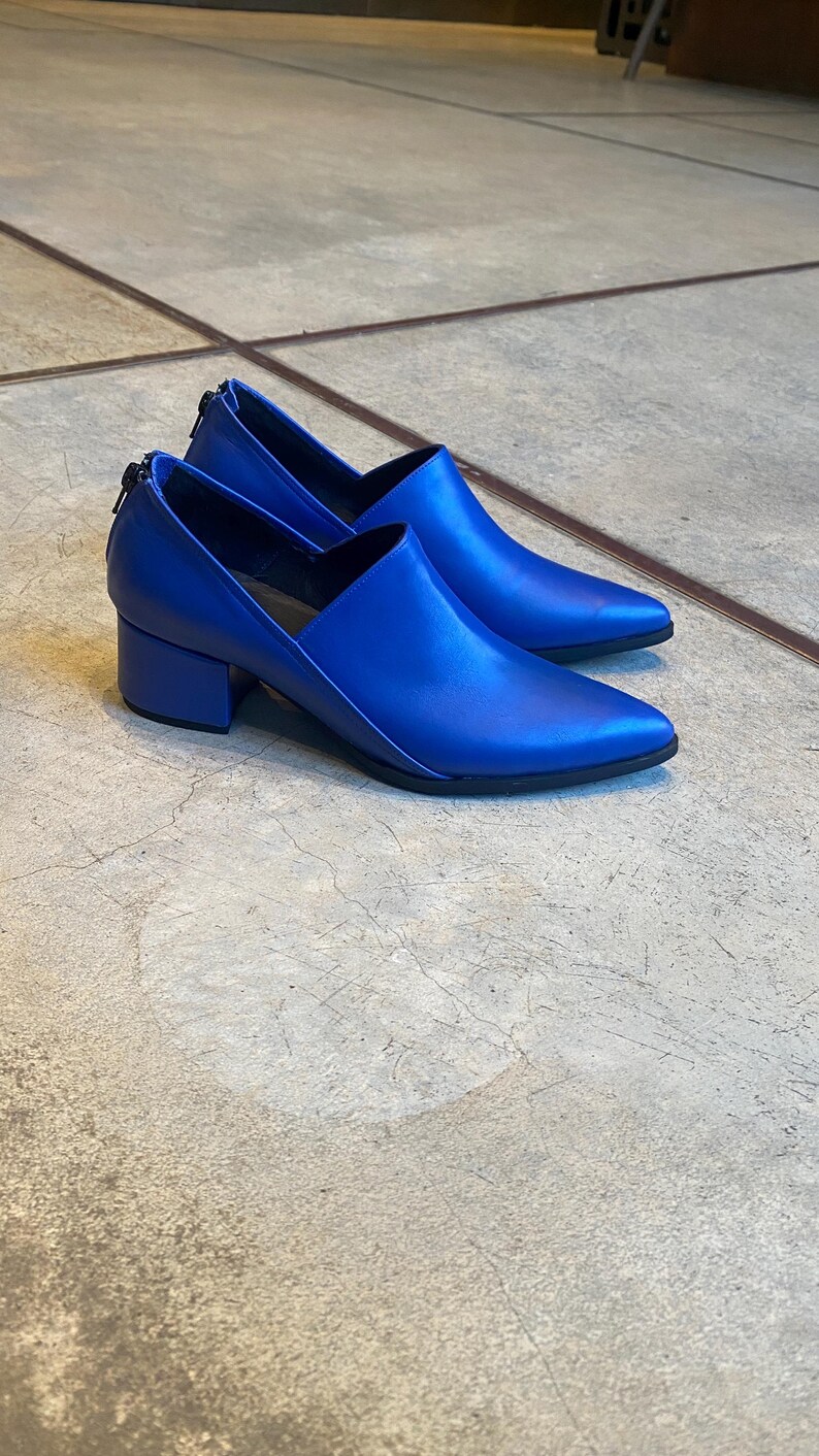 May include: A pair of blue heeled shoes with a pointed toe and a zipper on the back.
