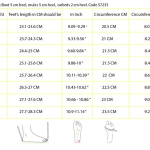 Peut inclure: Un tableau des tailles de chaussures avec des mesures en centim&egrave;tres et en pouces. Le tableau indique la taille de la chaussure en tailles europ&eacute;ennes (EU), la longueur du pied correspondante en centim&egrave;tres, la longueur du pied en pouces, la circonf&eacute;rence du pied en centim&egrave;tres et la circonf&eacute;rence du pied en pouces.