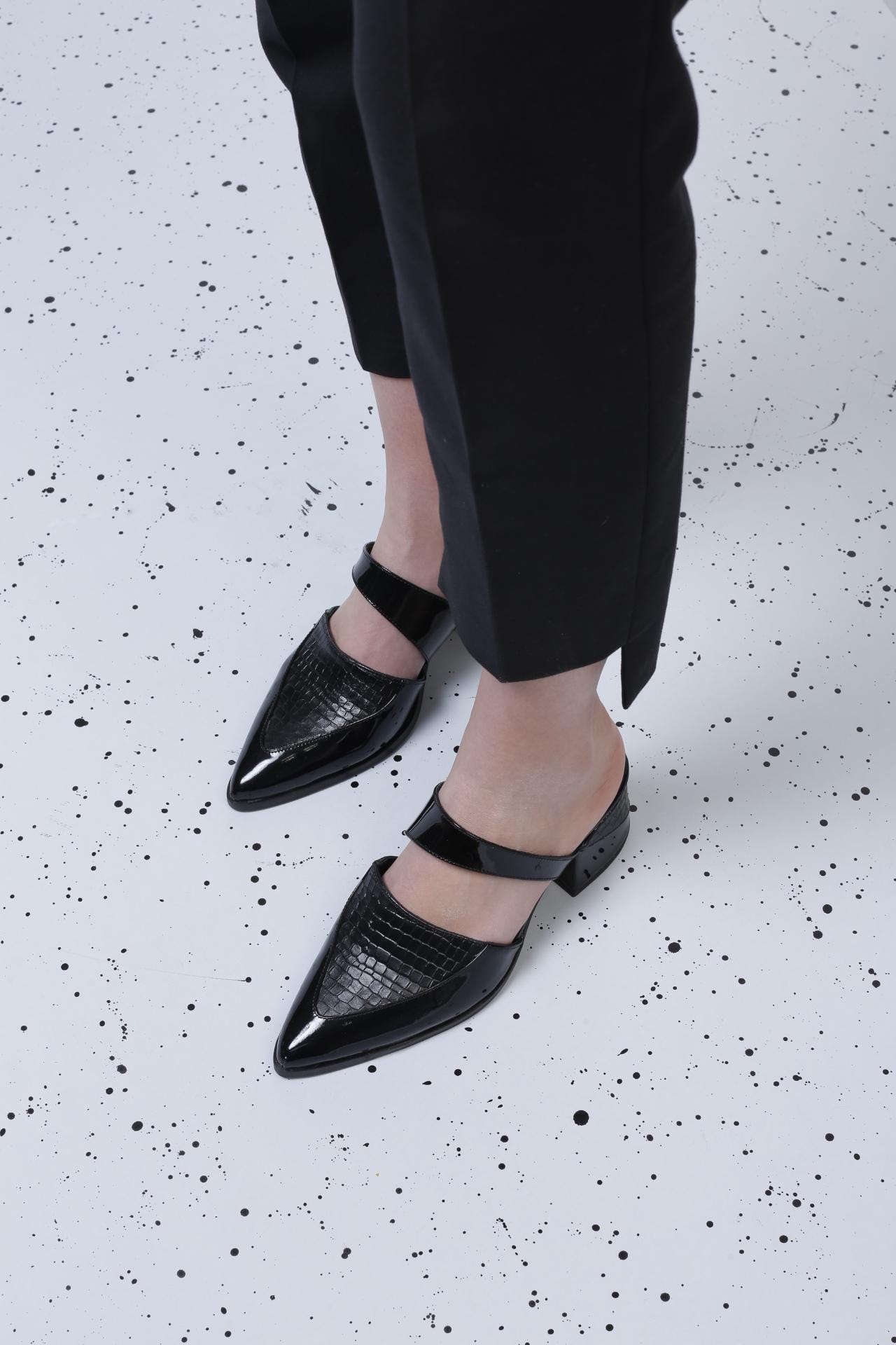 Women Formal Black Mules, Pointed Toe Shoes, Leather Comfort Shoes
