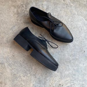 May include: A pair of black leather lace-up shoes with a chunky platform sole. The shoes have a pointed toe and a lace-up closure.