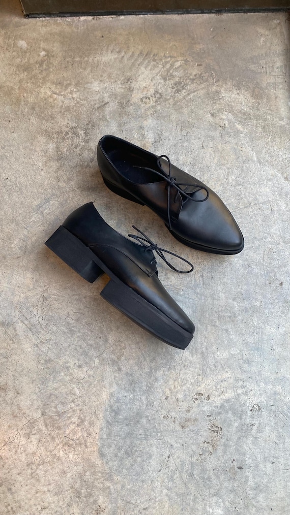 Size 10 1/2 Black Leather Platform Shoes, Heeled Oxfords, Designer Shoes For Women, Black Women's Oxfords, Fashionable  Shoes, Office Shoes,