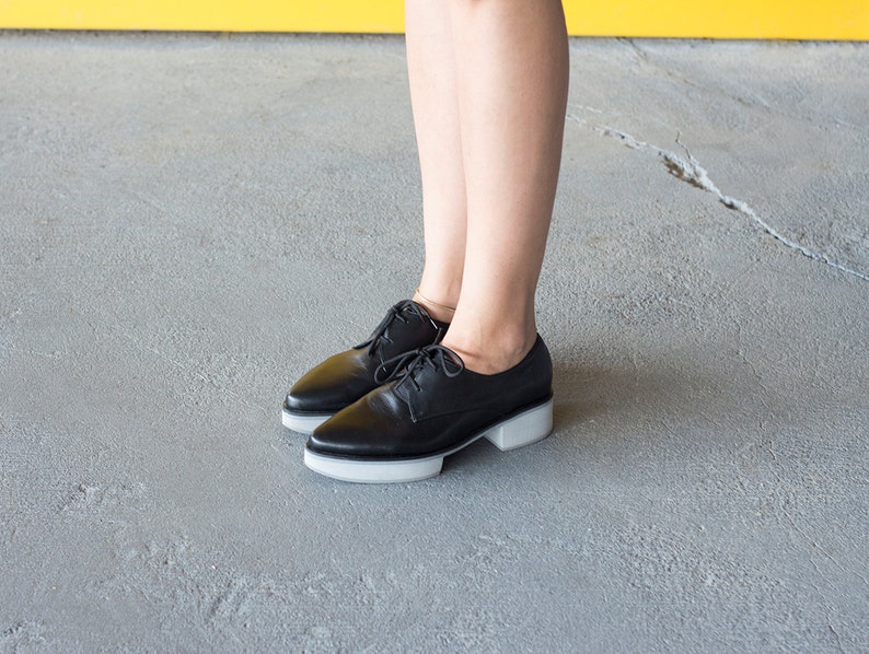 Black Gray Platform Oxfords, Leather Oxfords Shoes with Platform Heels For Women zdjęcie 5