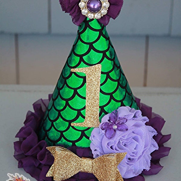 Mermaid party hat - Green and purple party hat - First Birthday Hat - Cake Smash Hat - Cake Smash outfit - Girls First Birthday - photo prop