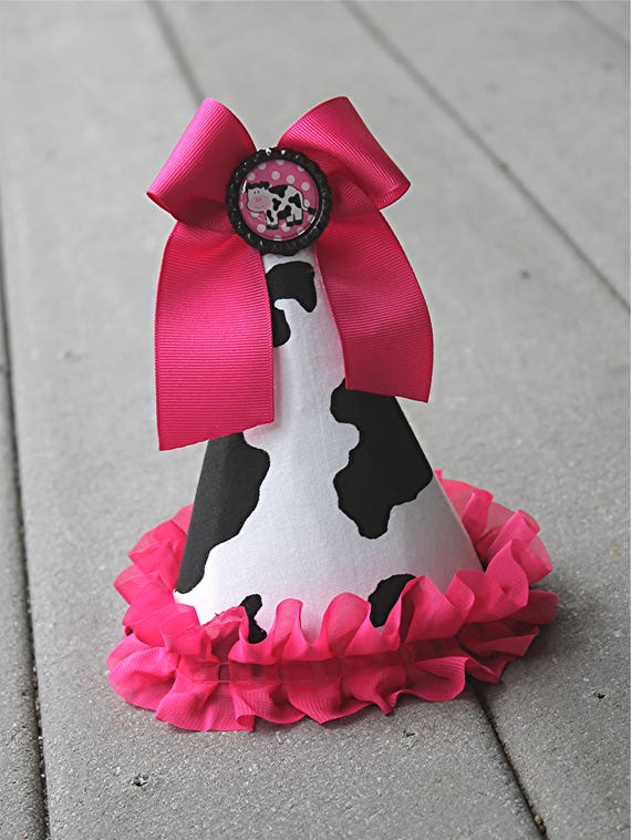 Cow print Party Hat - First Birthday Hat - Cake Smash Hat - Cake Smash outfit - Girls First Birthday - photo prop - farm party hat Il_570xn